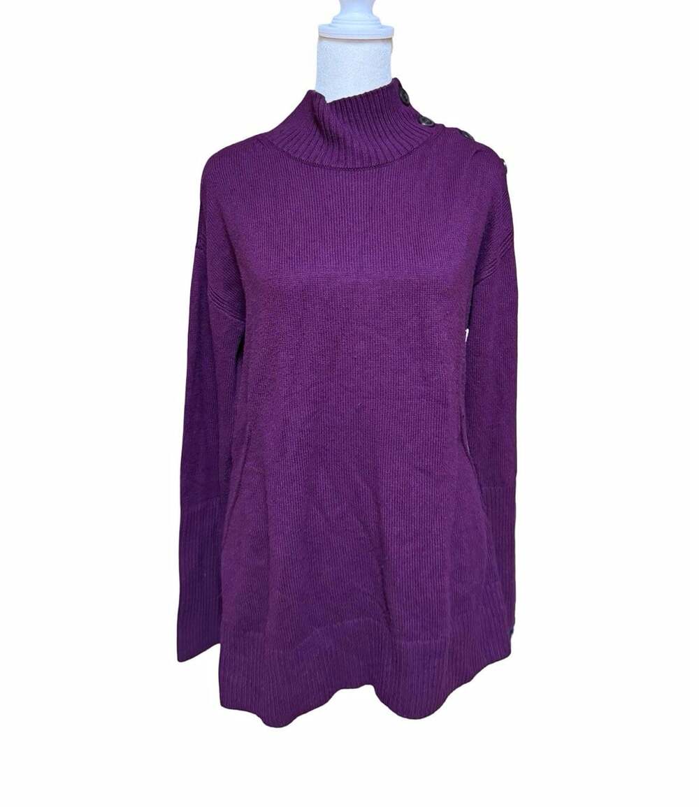 Talbots Women’s Plum Mock Neck Sweater Shoulder Button Merino Wool Blend